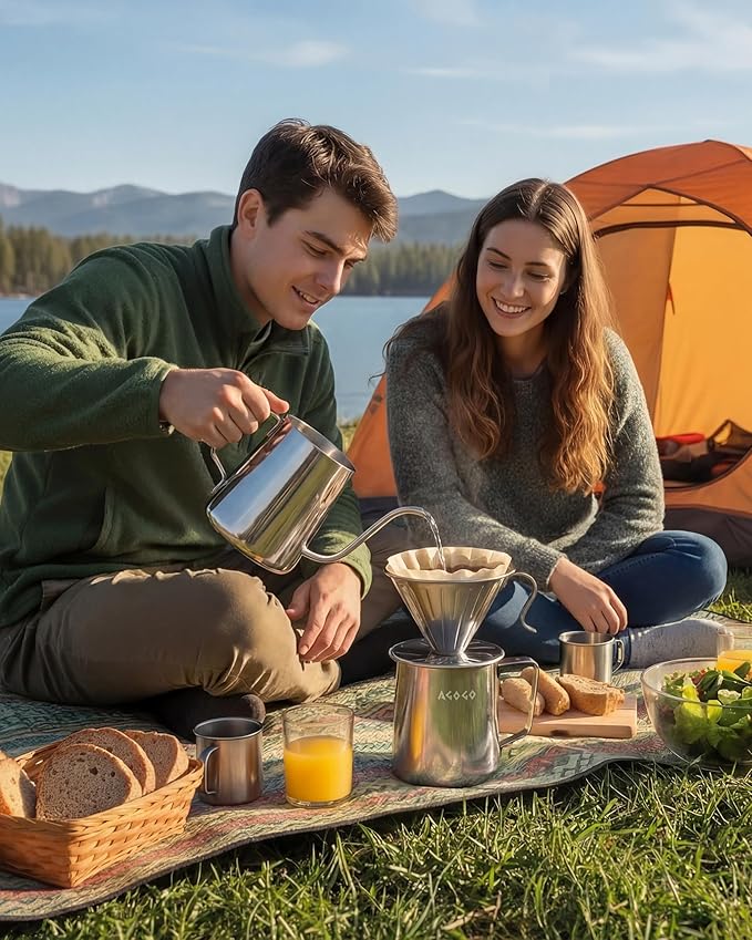 AGOGO Portable Pour Over Coffee Maker V60 Set - Easy Cleaning Compact 304 Stainless Steel Dripper for Camping & 50 Filters Paper & Cleaning Rag Silvery 20 oz