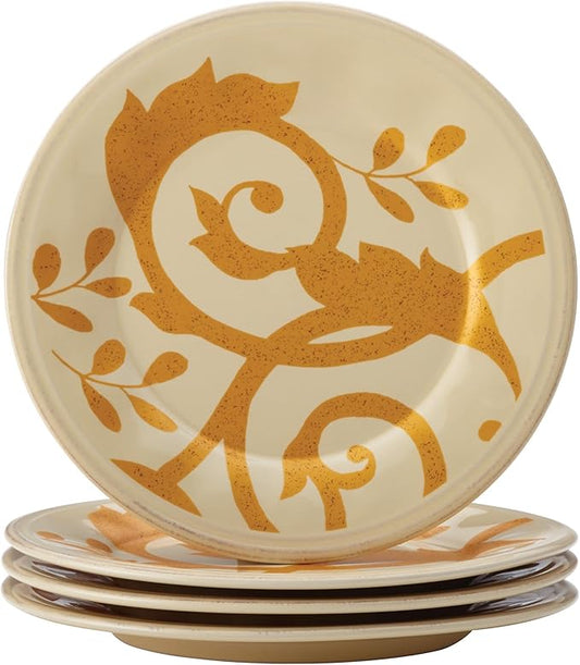 Rachael Ray Dinnerware Gold Scroll 4-Piece Round Appetizer Plate Set, Almond Cream