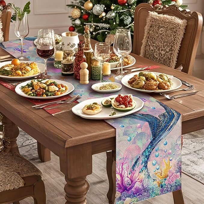 Mermaid Tail Table Runner Seasonal Holiday Kitchen Dining Linen Table Decoration for Indoor Outdoor Home Party Decor 13 x 72 Inch