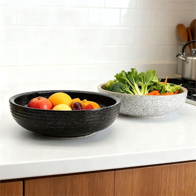 11.5-Inch Large Ceramic Salad Bowl Set – Speckled Stoneware with Stainless Steel Servers, Handcrafted Texture, Dishwasher Safe (Obsidian Black)