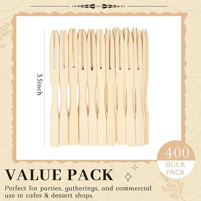 Bamboo Mini Forks Disposable Forks for Appetizers 3.5" Small Forks Appetizer Forks for Fruit,Cocktail Forks for Parties, Weddings(400Pcs)