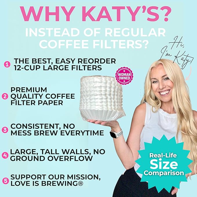 Katy’s Large Coffee Filters (9.5” x 4.5”) for 12-Cup BUNN, Fetco & Curtis Coffee Machines - Tall Walls, No Ground Overflow - Commercial Coffee Filters for Businesses (500 Count Bulk Pack)