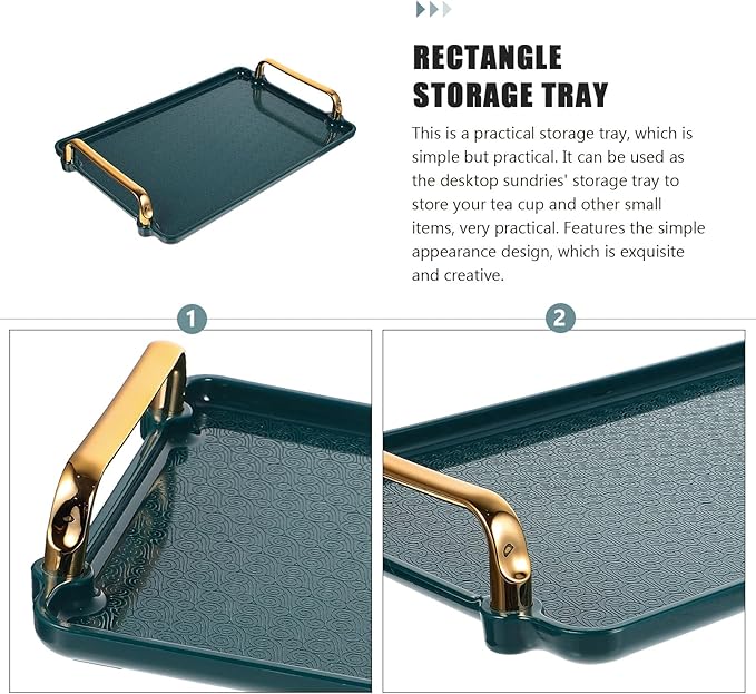 VALICLUD Rectangular Household Storage Tray with Handles, Small Textured Dark Green Tea Set Serving Tray for Kitchen and Dining Table Organization