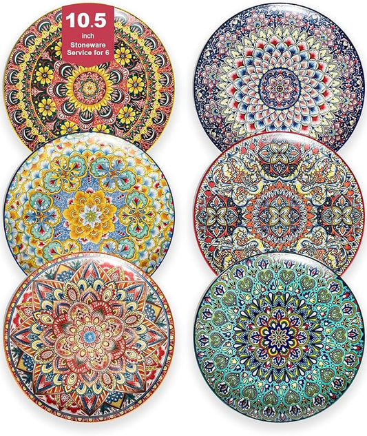 Dinner Plate Set of 6, 10.5-inch Large Plate for Dessert, Pasta, Salad, Ceramic Bohemian Dishes for Kitchen Microwave Dishwasher Safe