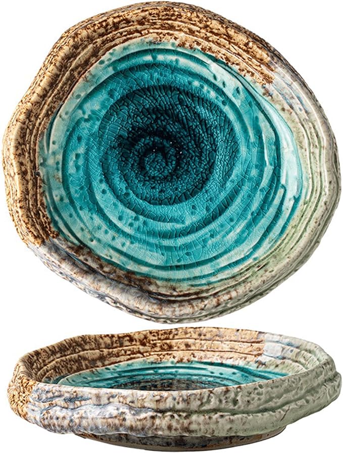 OWNKPM Special-Shaped Ceramic Plate 1 Pice – Green Ice Crack Glaze, Spiral Decorative Pattern, Heavy & Textured – Ideal for Dining Table, Coffee Table, Snacks, Sushi, Fruits, Jewelry & Key Storage