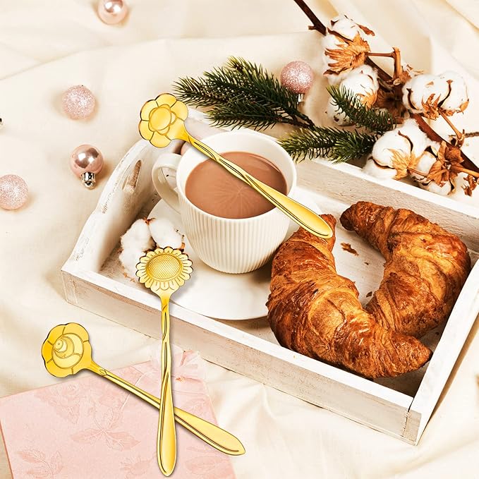 Eboot 40 Pcs Gold Flower Teaspoon Stainless Steel Tea Party Spoons Mini Cute Teaspoon Stirring Coffee Sugar Drink Demitasse Espresso Spoons for Bridal Baby Shower Wedding Party Favors Decorations