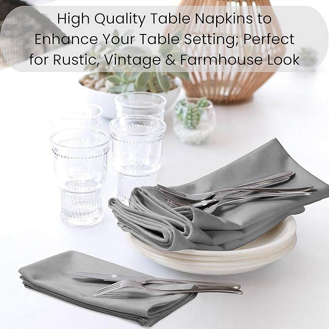 Set of 12 Cloth Dinner Napkins 100% Cotton - Soft Durable Washable - Ideal for Farmhouse Party Weddings Christmas Easter - Perfect Everyday Use Table Linen Cloth Napkins Grey 17x17
