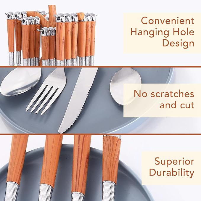 24 Pcs Stainless Steel Cutlery Set with Cutlery Rack, Eating Tableware Set Service for 6, Durable Flatware Set for 6 Includes Knifes, Forks & Spoons for Kitchen and Home