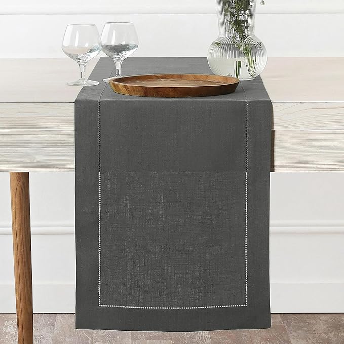 D'Moksha Homes Linen Charcoal Grey Table Runner 108 Inches Long - 100% Pure Linen 14 x 108 Inch Table Runner for Winter, Christmas, Holiday, New Year - Classic Hemstitch
