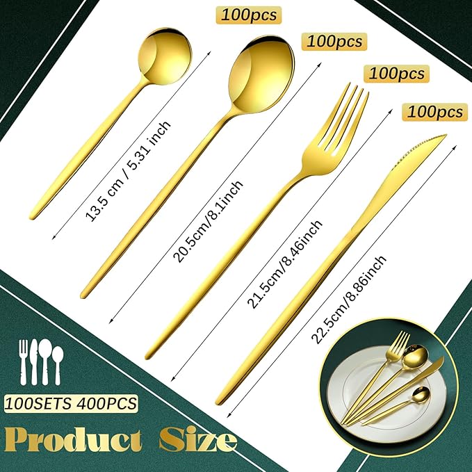 Yaomiao 400 Pcs Gold Silverware Set with Knives Spoons and Forks Portable Stainless Steel Flatware Reusable Utensils Dishwasher Safe Cutlery for Kitchen Restaurant Service