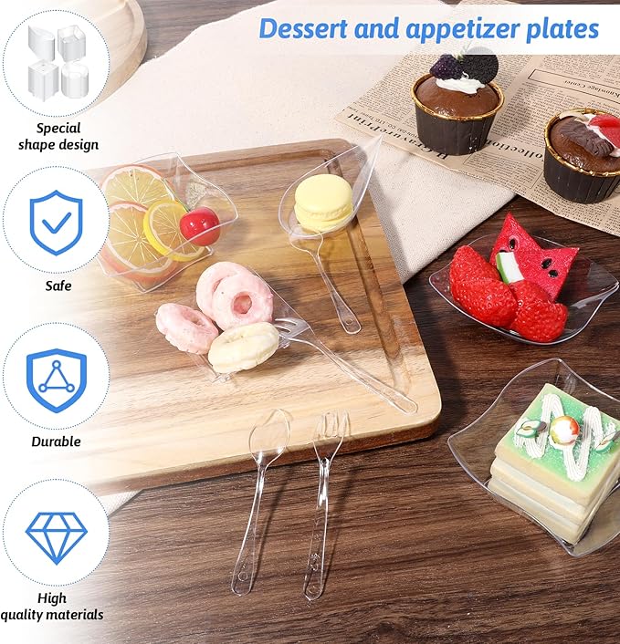 200 Pcs Mini Appetizer Plates with Spoons Forks, Clear Plastic Dessert Plates Small Disposable Appetizer Plate for Dessert Sauce Snacks, for Party Birthday Wedding