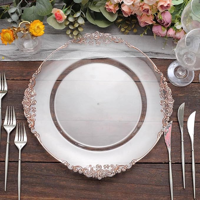 13" Charger Plates -Set of 12 - Acrylic Clear Rose Gold Round Baroque Disposable Chargers Leaf Embossed Rim, Ideal for Dinner Party Wedding Bulk Events