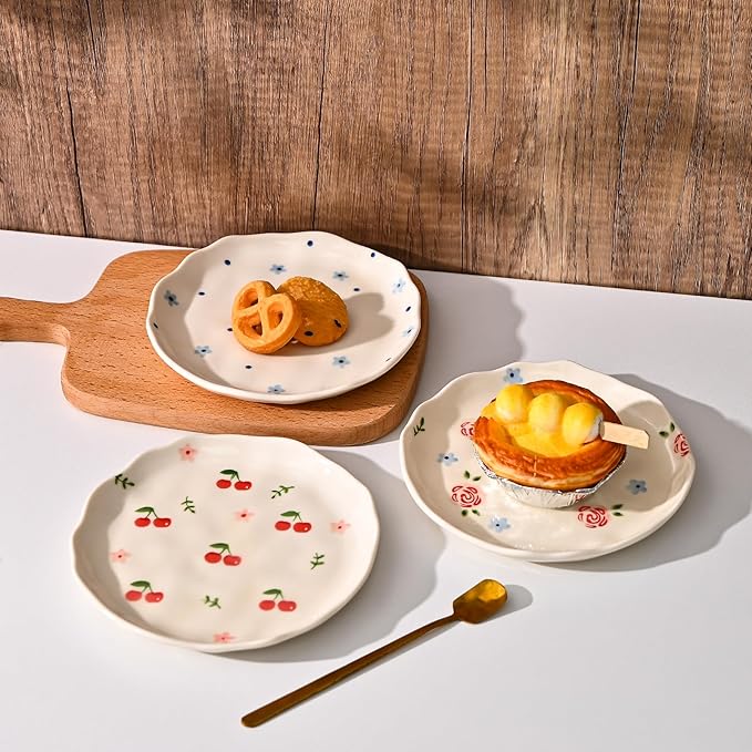 Koythin Ceramic Dessert Plates, Cute Fruits Dinner Plate, Creative Plates Design, Printed Flowers Dinnerware for Office and Home, Kitchen Plates for Desserts (Rose Blue Flower)