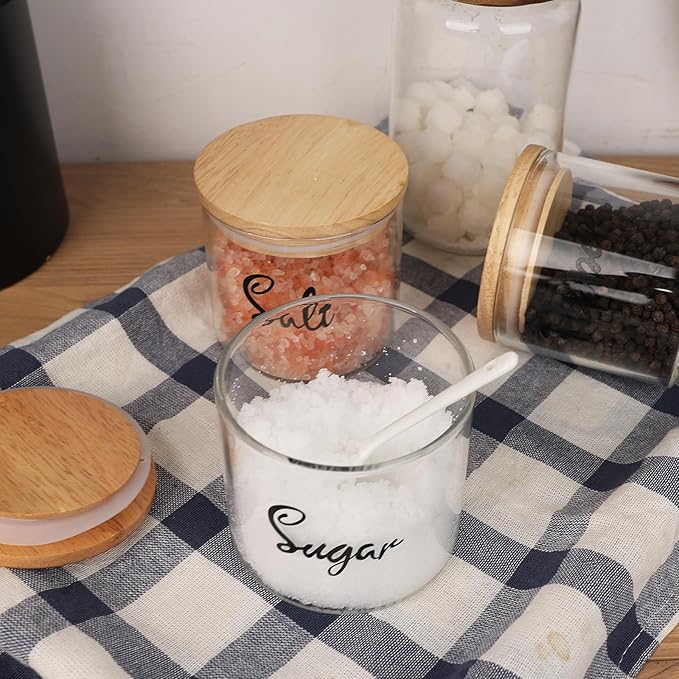 HAOTOP Clear Glass Condiment Pots with Spoon Wooden Lid and Silicone Sealing, Farmhouse Container Jar Dispenser Holder for Home Kitchen,12 oz Labeled Sugar