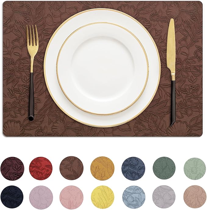 Romanstile Vinyl Placemats Set of 4-12 X 17 Inch - Heat Resistant Non-Slip Embossed Floral Place Mats 100% Waterproof Oilproof Wipeable Faux Leather Table Mats for Kitchen/Dining/Party, Brown