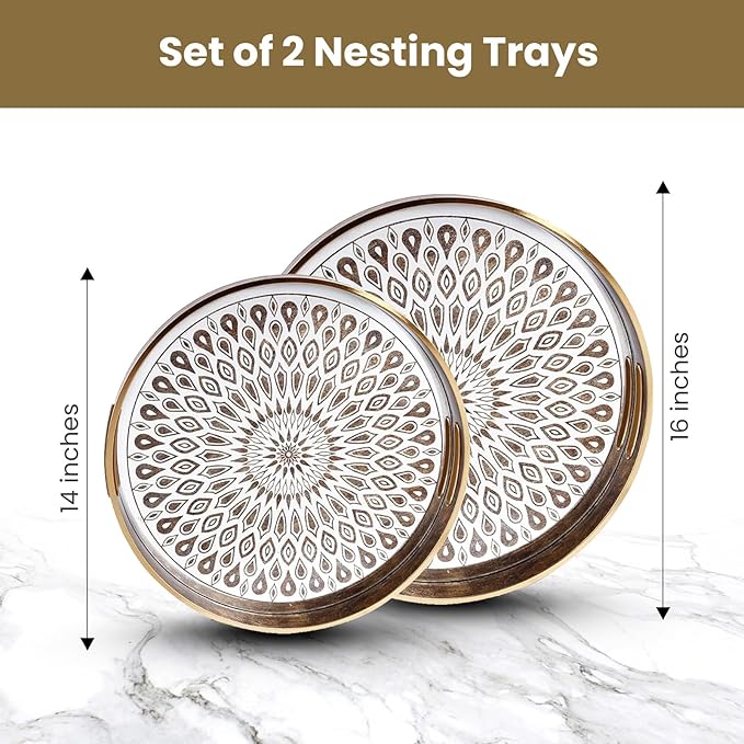 Round Serving Tray with with Handles Antique Look & Stylish Design Decorative Trays for Kitchen Round Ottoman Tray for Dinning Living Room & Home Decor Pack of 2 (White-Gold)