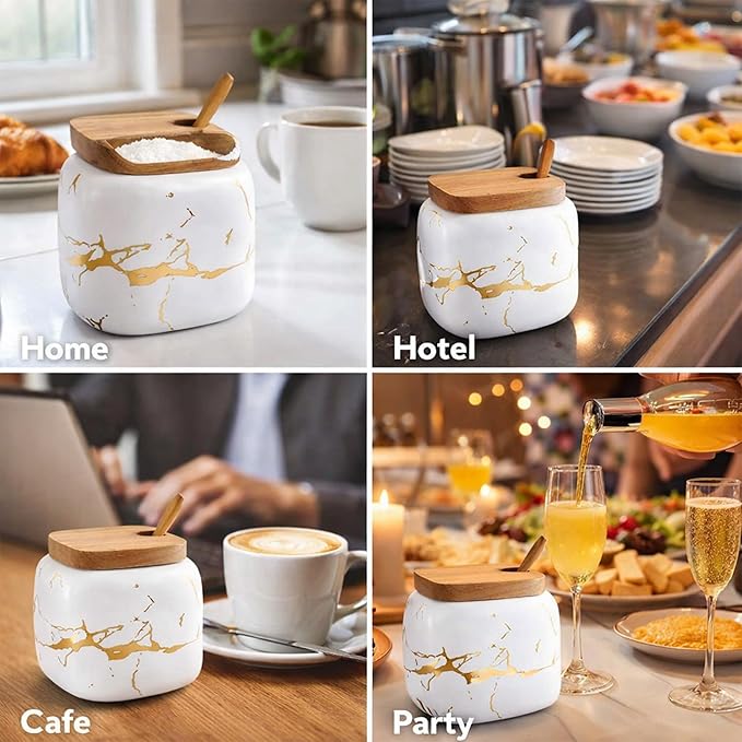 2 Sets of Marble Ceramic Sugar Bowl Ceramic Seasoning Jars with Wooden Lid and Wooden Spoon(Black and White)