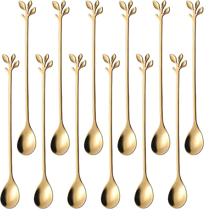 Long Handle Iced Tea Spoons Set of 12, Comicfs 7.6" Ice Cream Spoon, Creative Gold Leaf Cocktail Stirring Spoons, Premium Food Grade Stainless Steel, Mirror Finish & Dishwasher Safe (12 Pcs, Gold)
