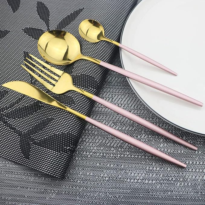 JASHII 24 Piece Titanium Pink And Golden Plated Stainless Steel Flatware Set, Pink Handle With Golden Mouth Silverware Set Pink And Gold Cutlery Set Service for 6 (Pink Handle,Shiny Golden)