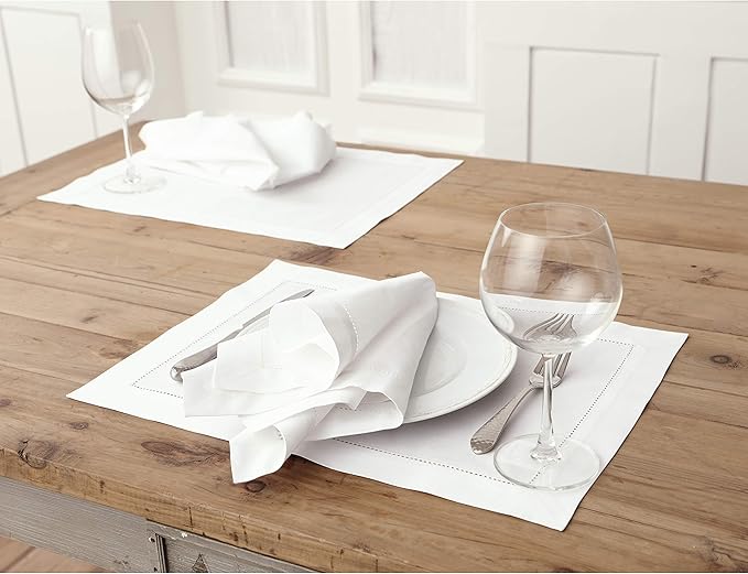 Solino Home White Napkins Set of 6 - Cotton Linen Hemstitch Dinner Napkins Cloth 20 x 20 Inch for Winter, Valentines, Spring, Easter - Handcrafted and Machine Washable