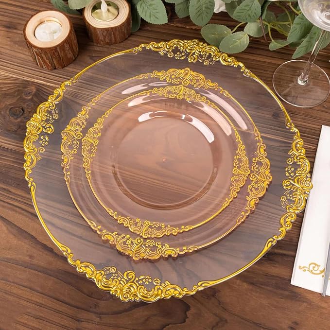 8" Salad Plates -Set of 20 - Plastic Transparent Blush Round Baroque Disposable Chargers Leaf Embossed Rim, Ideal for Dinner Party Wedding Bulk Events