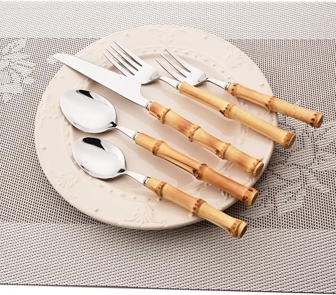 Gugrida 20pcs Flatware Silverware Serving Set Silver Stainless Steel Hostess Serving Utensil Set with Bamboo Handle Dishwasher Safe, 20pieces Service for 4