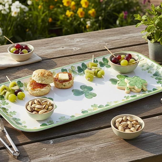 UPware Shamrock Melamine Serving Tray, 15 x 6.5 Inch Rectangular Serving Platter, BPA Free Food Tray for Party Entertaining