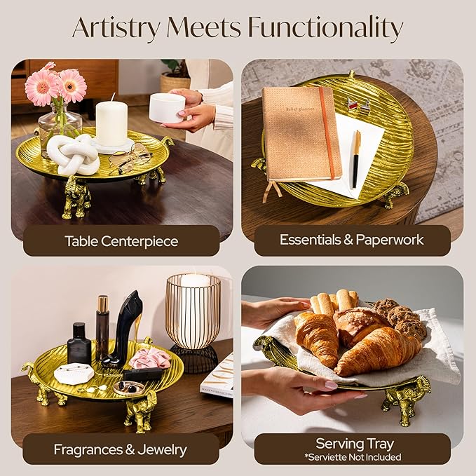 Round Decorative Tray with Elephant Stands, Antique Gold – Tray for Coffee Table, Home Decor, Centerpiece, Serving Platter & More – Circular Tray with Symbolic Elephants