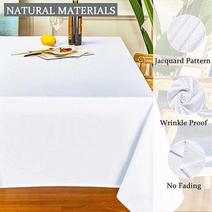 Rectangle Table Cloth Linen Farmhouse Stainproof Waterproof Washable Polyester Oblong Rectangular Fabric Table Cover for Kitchen Dining Dinner (White, 60 X 84 Inch)