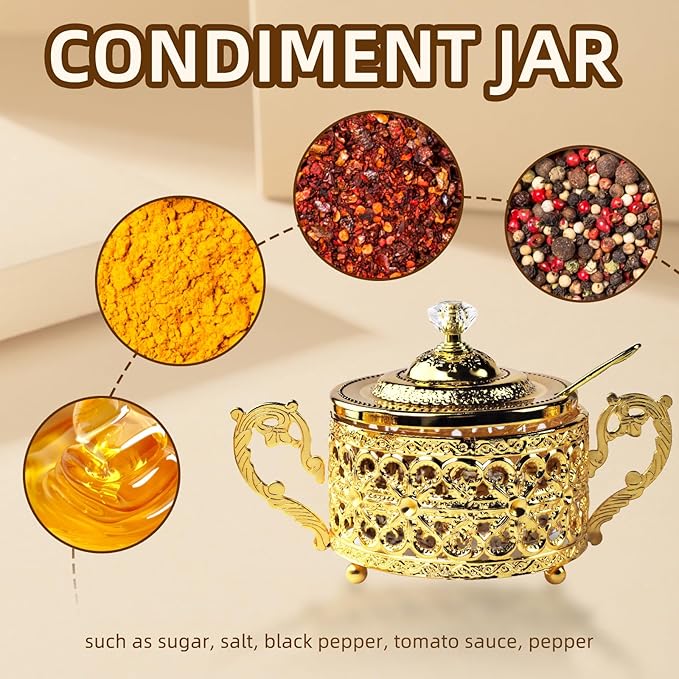 Flylin Sugar Bowl, Turkish Sugar Bowl with Lid and Spoon for Candy Cookie Honey, Golden Vintage Glass Seasoning Jar for Home and Kitchen Coffee Bar (4)