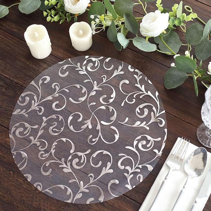 20 Pack 13" Silver Sheer Organza Placemats - Round Embossed Foil Flower Design Disposable and Elegant