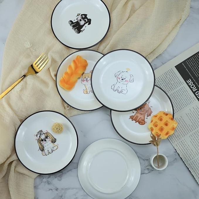 SOCOSY Super Cute Cartoon Animals Ceramic Sauce Dishes, Seasoning Dishes, Little Cat Dog Bird Feeding Bowls, Sushi Soy Dipping Bowls, Appetizer Plates, Dessert Plates, Set of 6-Cartoon Dog-5 Inch