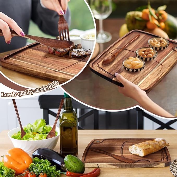 Hushee 16 Pcs Acacia Wooden Steak Plates Board Serving Tableware Set Include Wooden Plates with Juice Channel, Knives, Forks and Spoons for Christmas Kitchen Gift for Steak Lovers