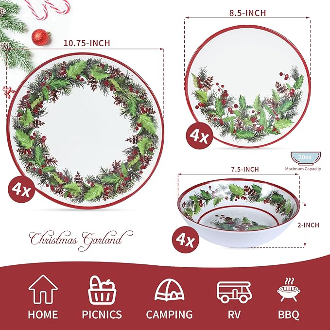 12-Piece Christmas Melamine Dinnerware Sets,Holiday Dishes Set For 4, Lightweight & Stackable for Home&Party plates,Plate and Bowl Sets Ideal for for Indoor Outdoor Use -Christmas Garland
