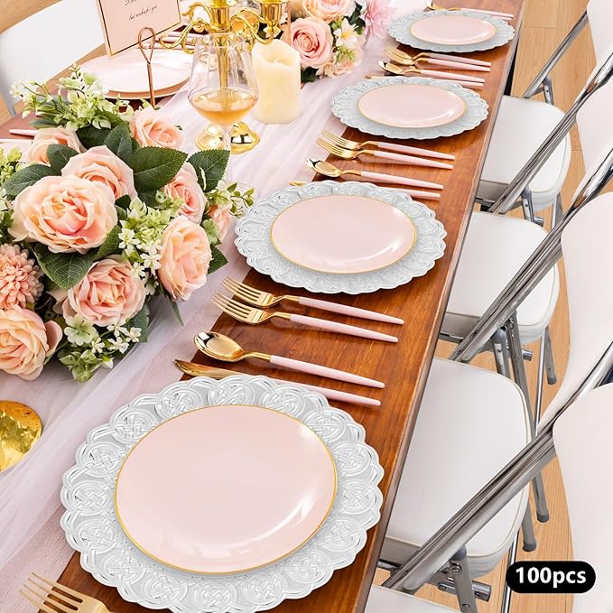 100 Pcs Antique Charger Plates Bulk 13 Inch Embossed Rim Plastic Party Dinner Plate Chargers Round Decorative Server Plate for Wedding Party Event Tableware (100pcs-silver5)