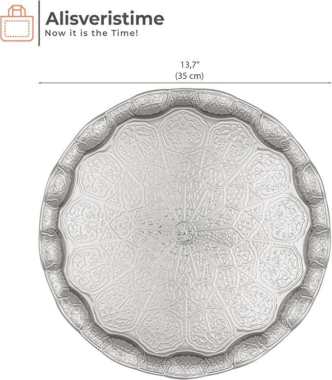 Alisveristime Turkish Ottoman Coffee Tea Serving Tray – 13.60 inches, Metal with Traditional Motifs, Available in Five Colors (Gray)