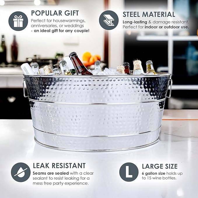 BREKX Aspen Heavy-Duty Oval Stainless Steel Drink Cooler for Parties - Metal Large Ice Bucket for Drinks, 25-Quart (30-Bottle) Large Cooler Ice Container for Parties, Leak Resistant