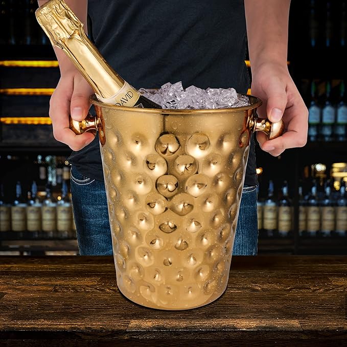 BARsics 5-Quart Metal Golden Champagne Bucket, Hammered Mirror Finish Stainless Steel Ice Bucket for Party, Wedding, Banquet (Gold/Pack of 2)