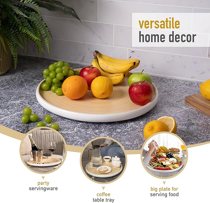LEXA 15.7" Bamboo Round Serving Tray – Large Handcrafted Wooden Tray for Food, Ottoman, Coffee Table, Kitchen, Charcuterie, or Home Décor, White
