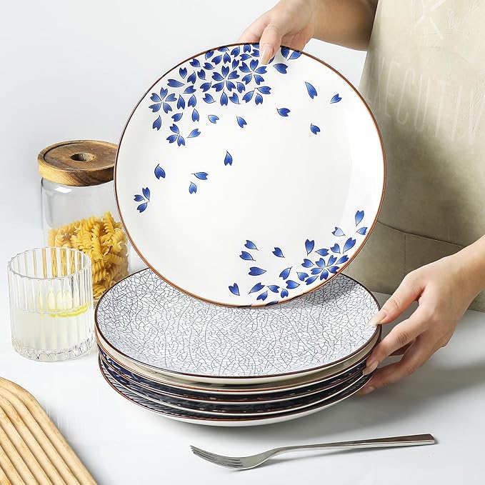 KitchenTour Large Ceramic Dinner Plates, 10 Inch Salad Plates Set of 6, Serving Plates for Dessert, Pasta, Appetizer, Dishwasher and Microwave Safe, Vintage Blue