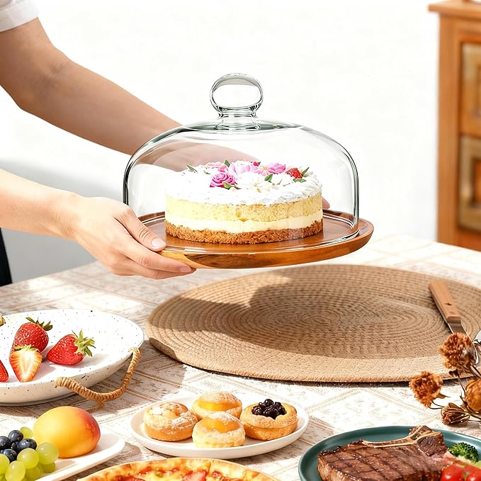 10 Inch Wooden Base Cake Display Stand with Glass Dome,Cloche Clear Glass Bell Jar Cover for Dessert Cheese Candy Plants Succulents