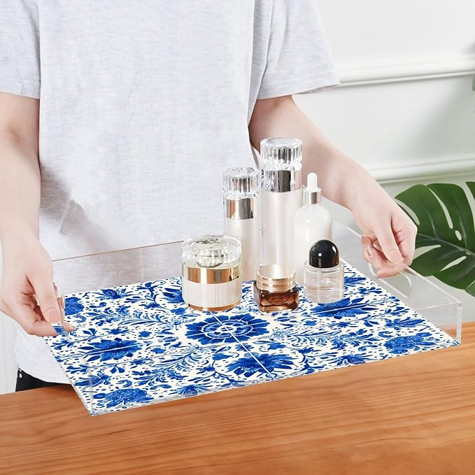 Serving Tray with Handles Clear Acrylic Tray 12x16 Inch Decorative Rectangular Tray Organizer for Ottoman Coffee Table Bathroom Floral Blue and White Tile
