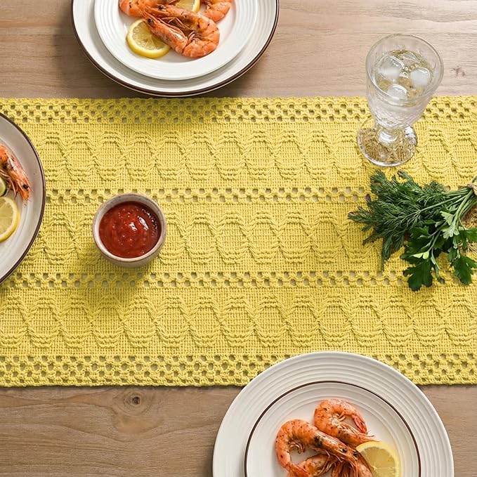 Artoid Mode Yellow Farmhouse Woven Rustic Hollow Table Runner, Seasonal Holiday Hollow Kitchen Dining Table Decoration for Home Party Decor 12x48 Inch