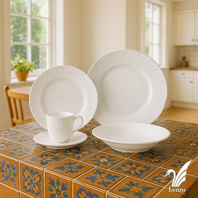 Lynns Paradise Imperial White 20pc Dinnerware Set Embossed Swirl Detail, Elegant Versatility, Timeless White Finish Includes Dinner Plates, Bowls, Cups, and Saucers, Full Tabletop Set