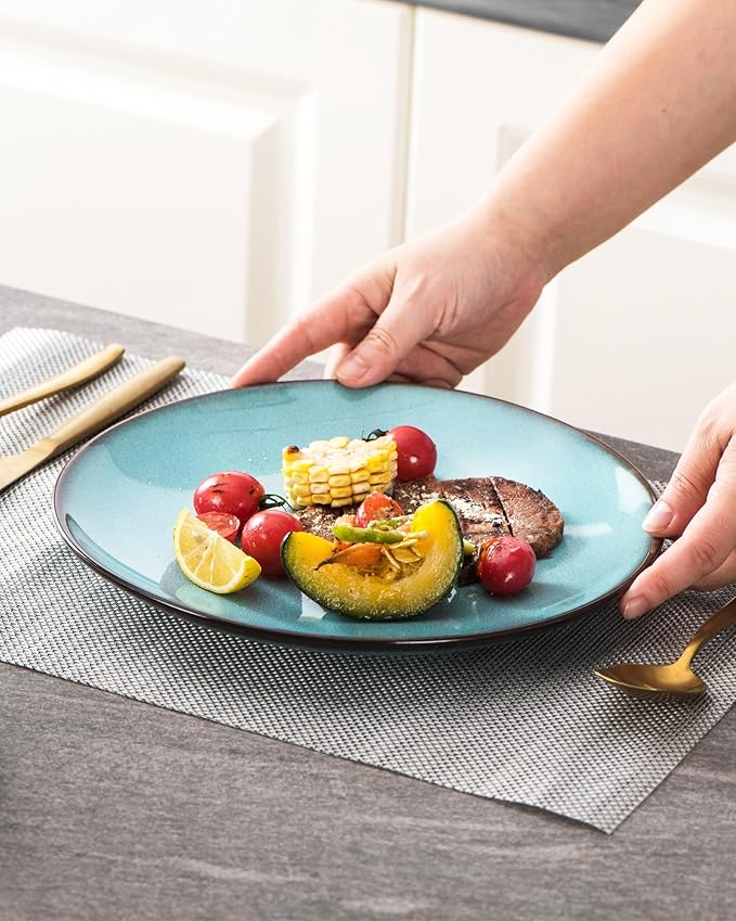 HENXFEN LEAD Dinner Plates Set of 4, Large Serving Dishes 10 Inch for Steak, Salad, Pasta - Stoneware Dinnerware Sets Dishwasher, Microwave, Oven Safe, Aqua