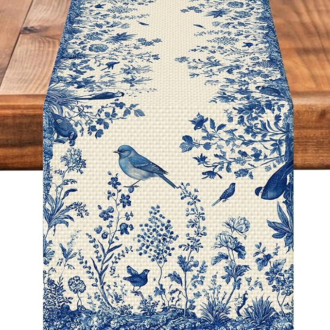 Blue Floral Birds Table Runner Seasonal Spring Kitchen Dining Linen Table Decoration for Indoor Outdoor Home Party Decor 13 x 72 Inch