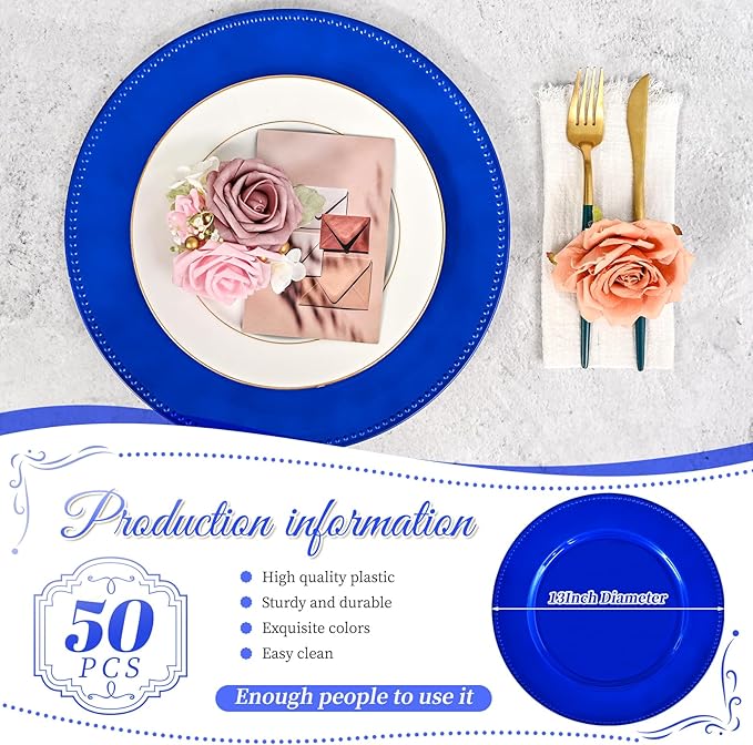 50 Pcs Royal Blue Charger Plates Round Charger Plates13 Inch Bulk Wedding Dinner Elegant Reusable Plastic Chargers Plates Wedding Holiday Party Baby Shower Event Decoration (Royal Blue)