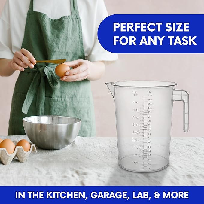 5 Liter Measuring Pitcher 3-Pack | 1.3 Gallon Shatterproof Plastic Large Graduated Mixing Pitchers, 1 to 2 Gallons (5L, 5000ml)