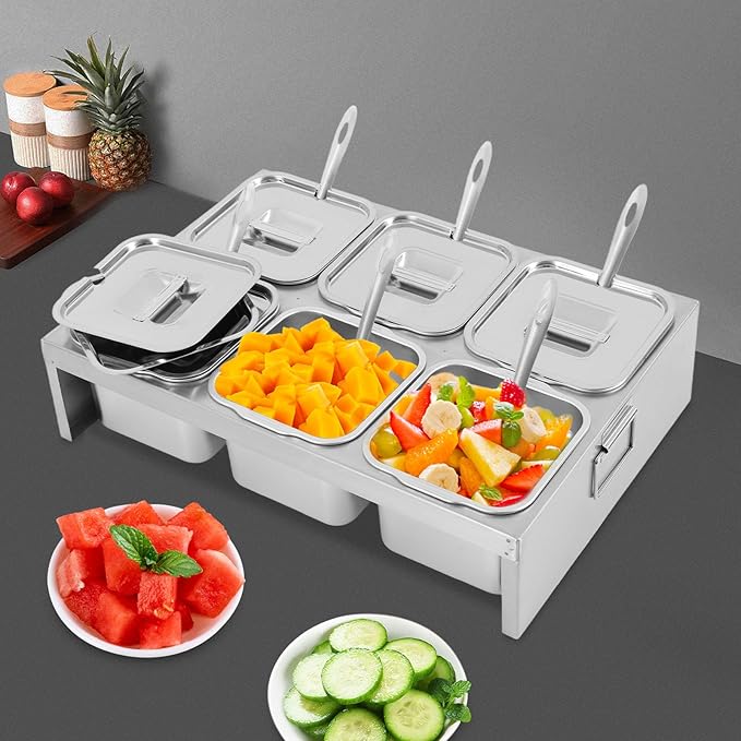 Stainless Steel Condiment Containers, 6 Compartment Trays Seasoning Organizer Box with 0.528 Gallons Capacity Each for Outdoors Hotels Kitchens Backyards