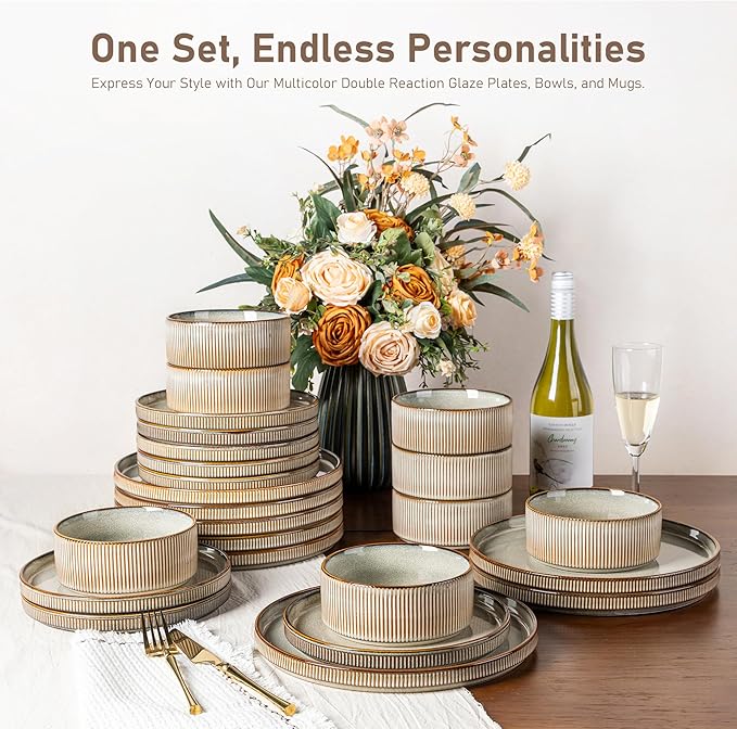 GBHOME 12-Piece Stoneware Dinnerware Set for 4 – Ribbed Ceramic Plates and Bowls, Scratch-Resistant, Microwave & Dishwasher Safe, Reactive Glaze, Mist Green